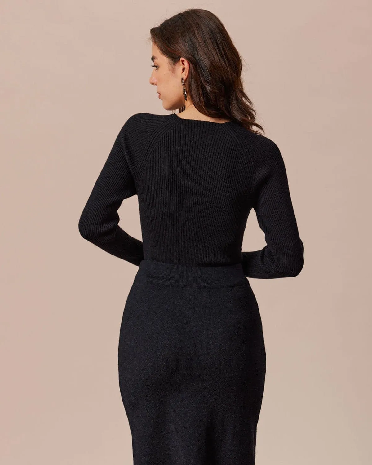 The Black Round Neck Button Ribbed Knit Top sold by rihoas product image thumbnail 5