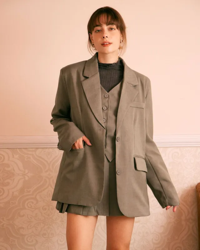 The Khaki Lapel Button Wide-waisted Blazer sold by rihoas