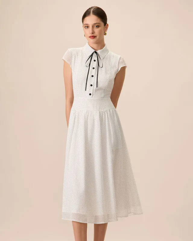 Women's White Collared Polka Dot Midi Dress sold by rihoas