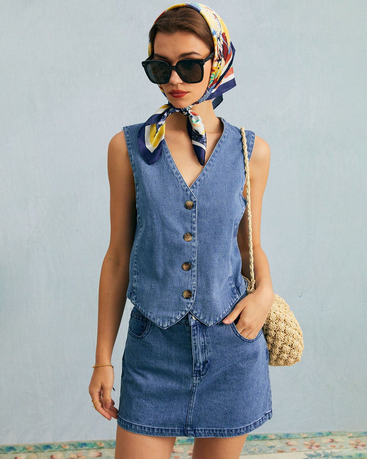 The Blue V Neck Button Sleeveless Denim Vest sold by rihoas product image thumbnail 5