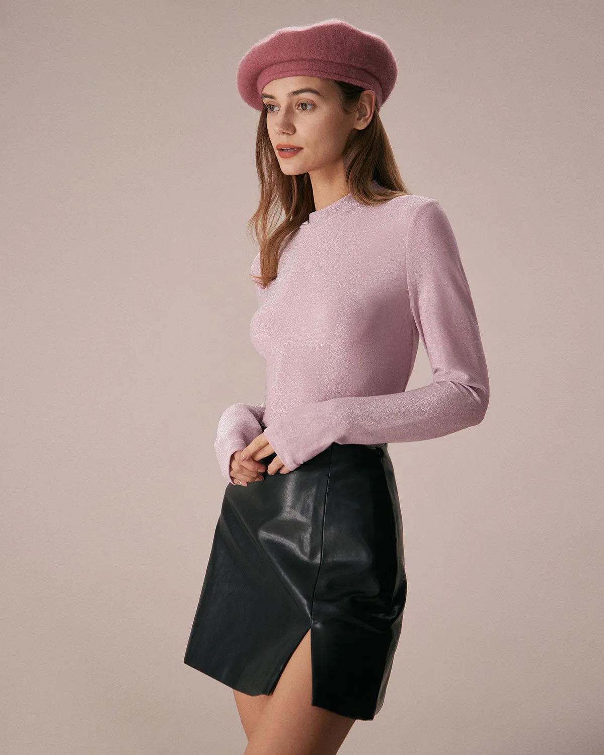The Pink Mock Neck Long Sleeve Lurex Tee sold by rihoas product image thumbnail 5