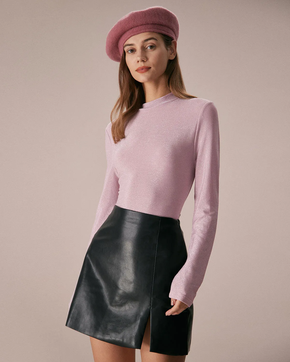 The Pink Mock Neck Long Sleeve Lurex Tee sold by rihoas product image thumbnail 3