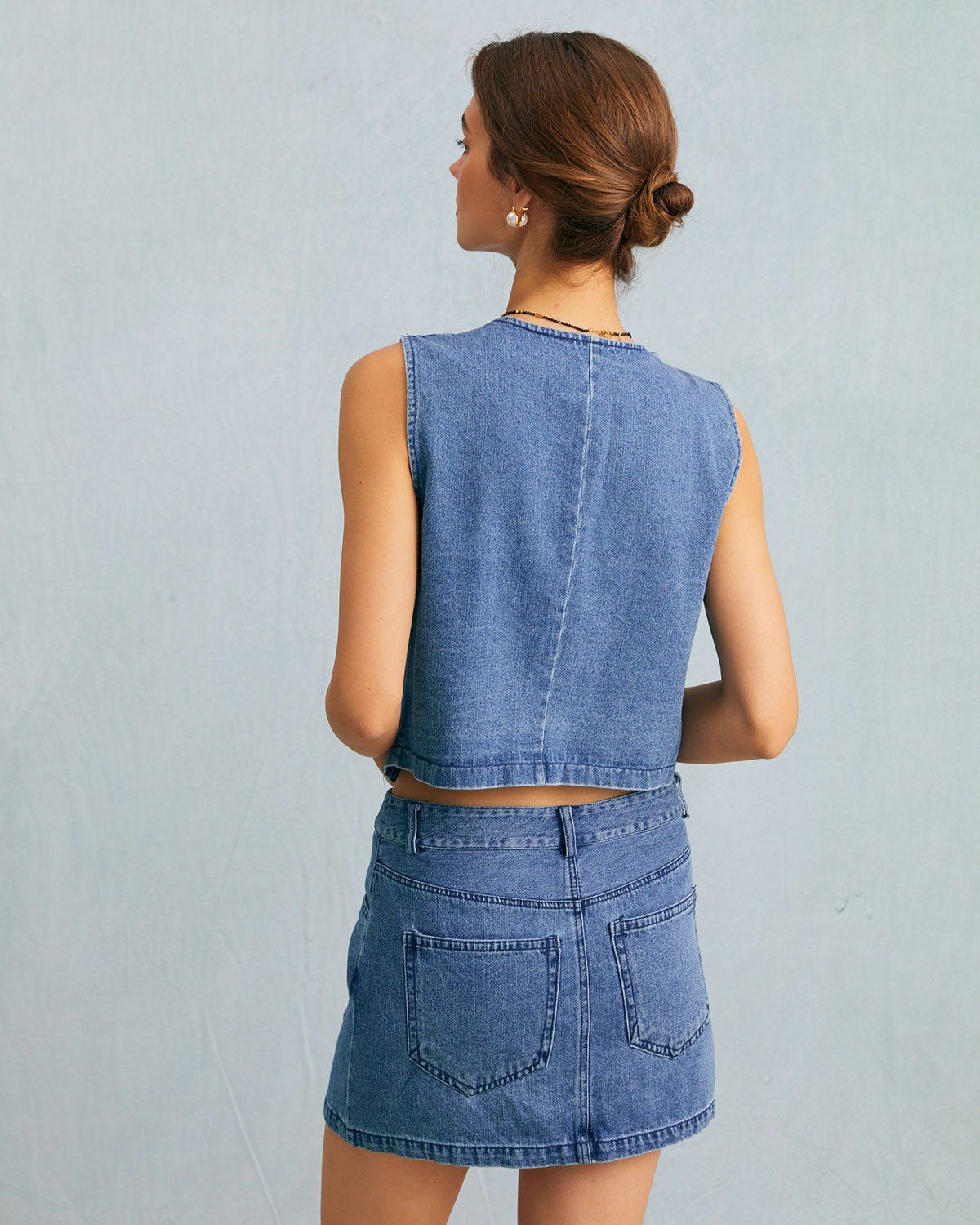 The Blue V Neck Button Sleeveless Denim Vest sold by rihoas product image thumbnail 6