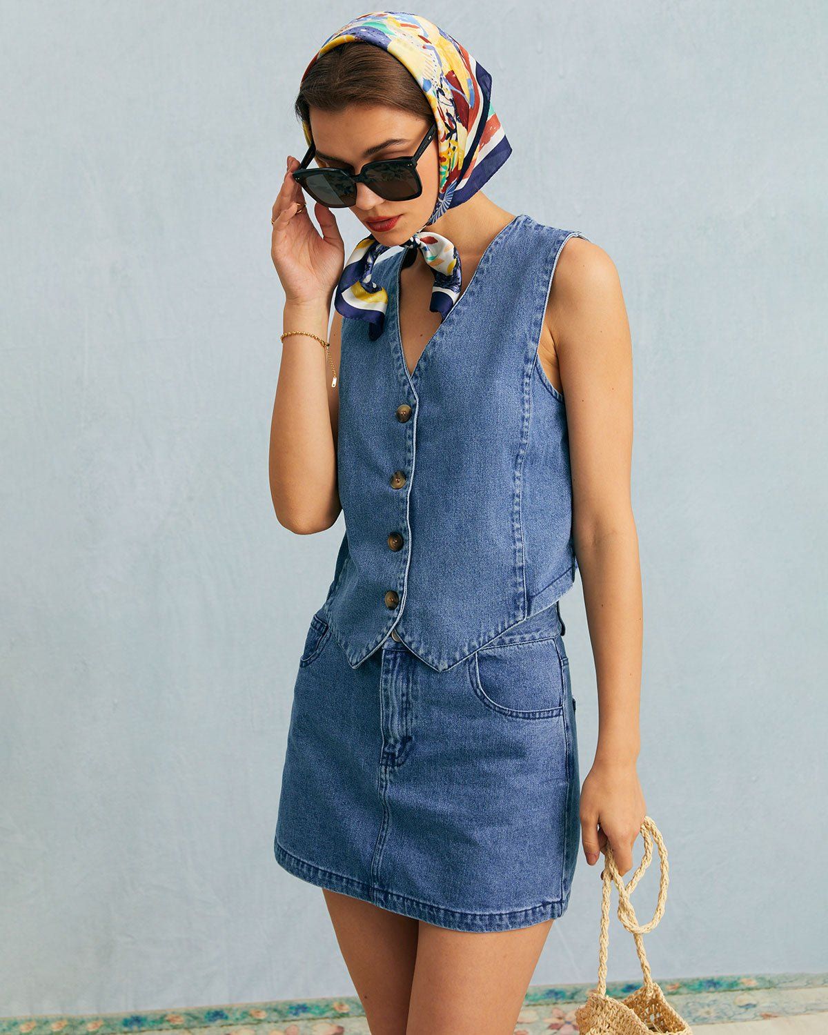 The Blue V Neck Button Sleeveless Denim Vest sold by rihoas product image thumbnail 4