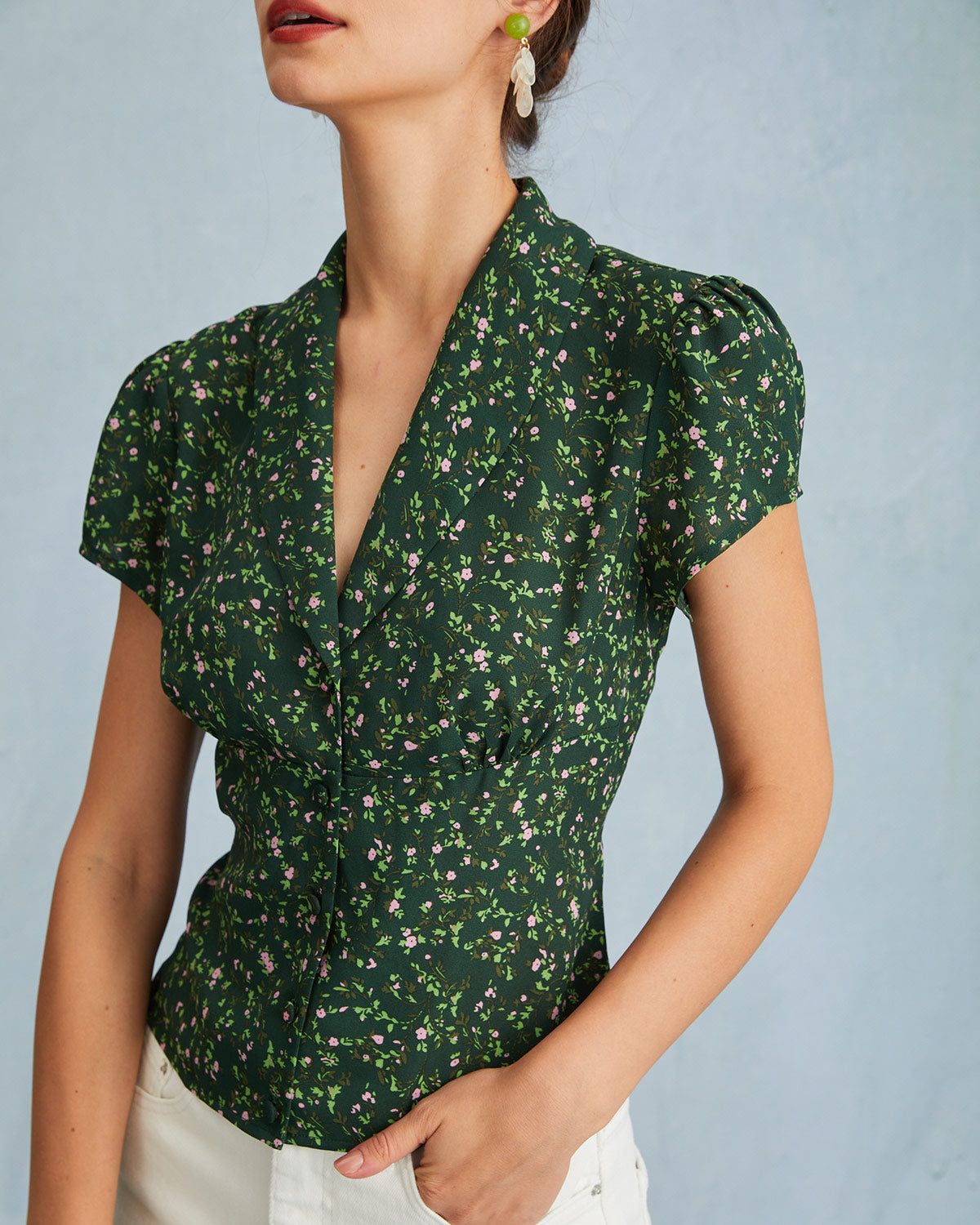 The Green Collared Floral Button Up Blouse sold by rihoas product image thumbnail 2
