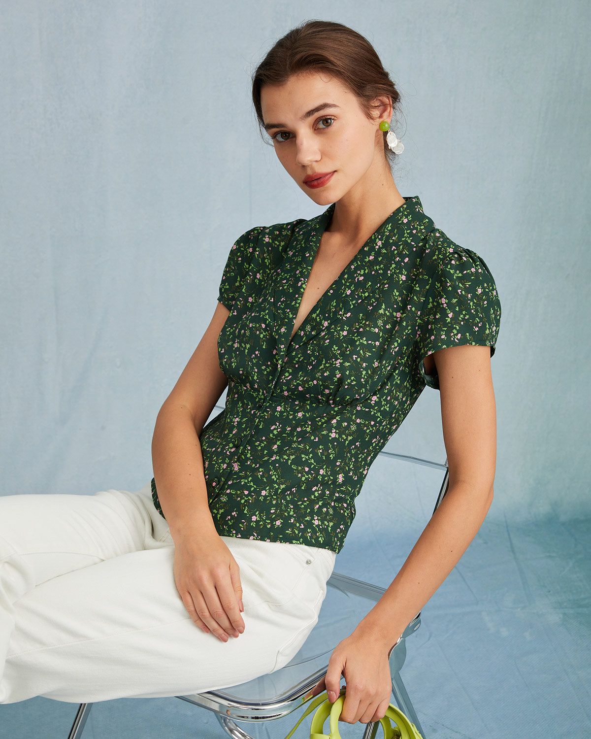 The Green Collared Floral Button Up Blouse sold by rihoas product image thumbnail 3