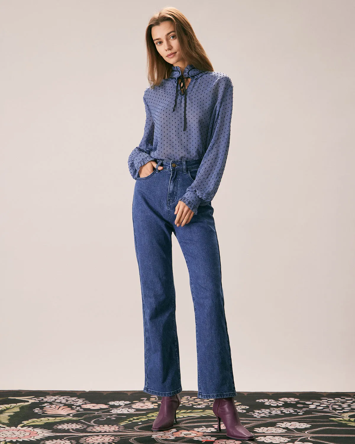 The Blue Mock Neck Dobby Mesh Blouse sold by rihoas product image thumbnail 5