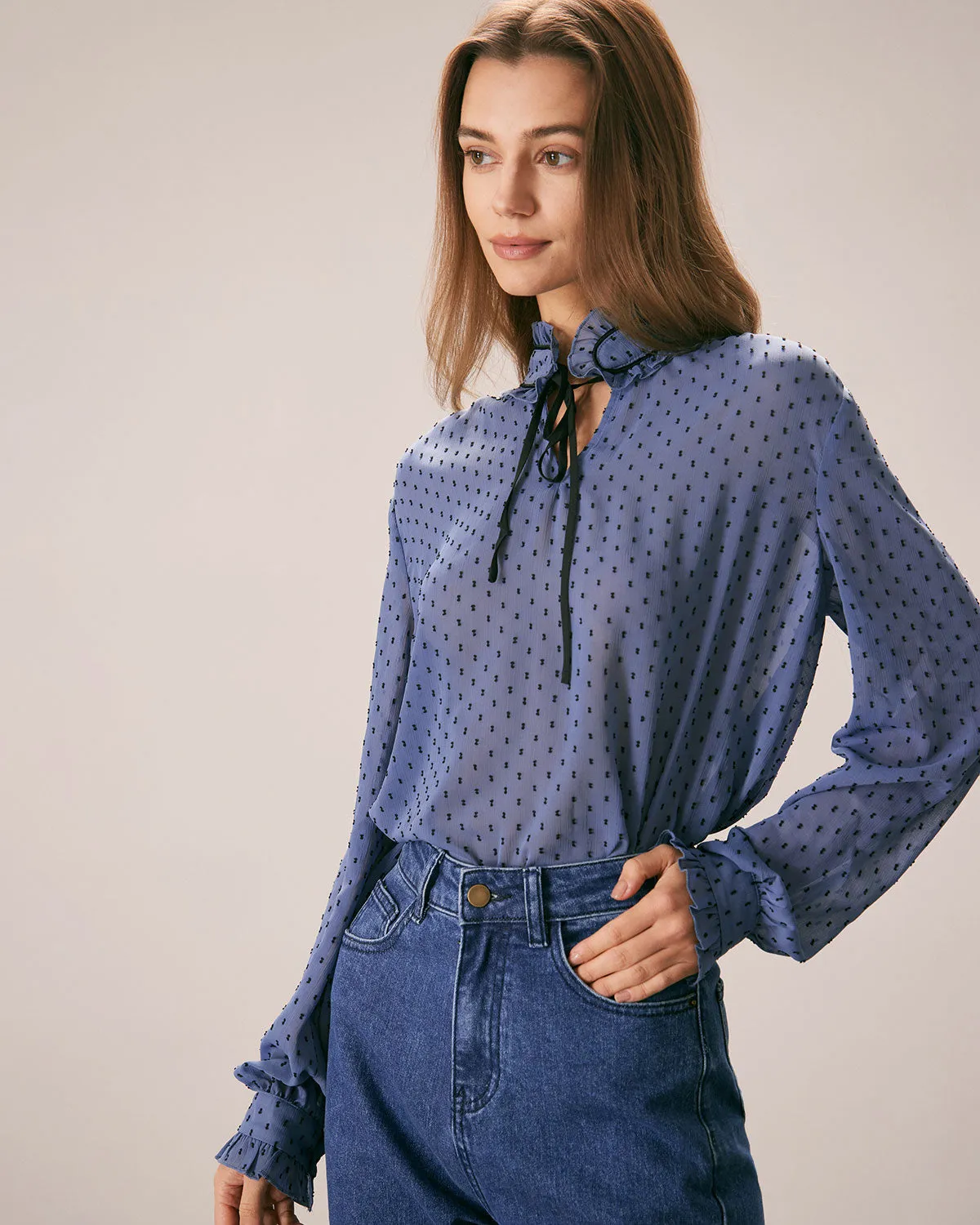 The Blue Mock Neck Dobby Mesh Blouse sold by rihoas product image thumbnail 2
