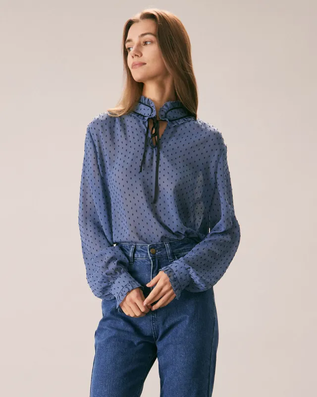 The Blue Mock Neck Dobby Mesh Blouse sold by rihoas