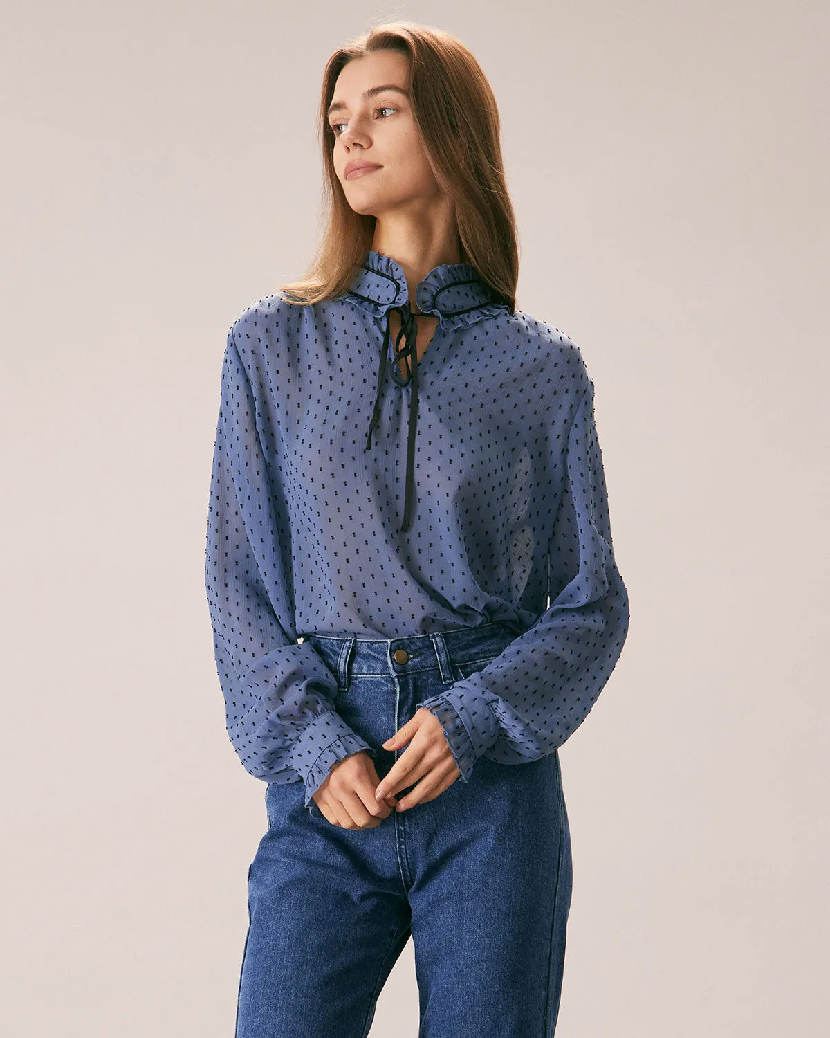 The Blue Mock Neck Dobby Mesh Blouse sold by rihoas