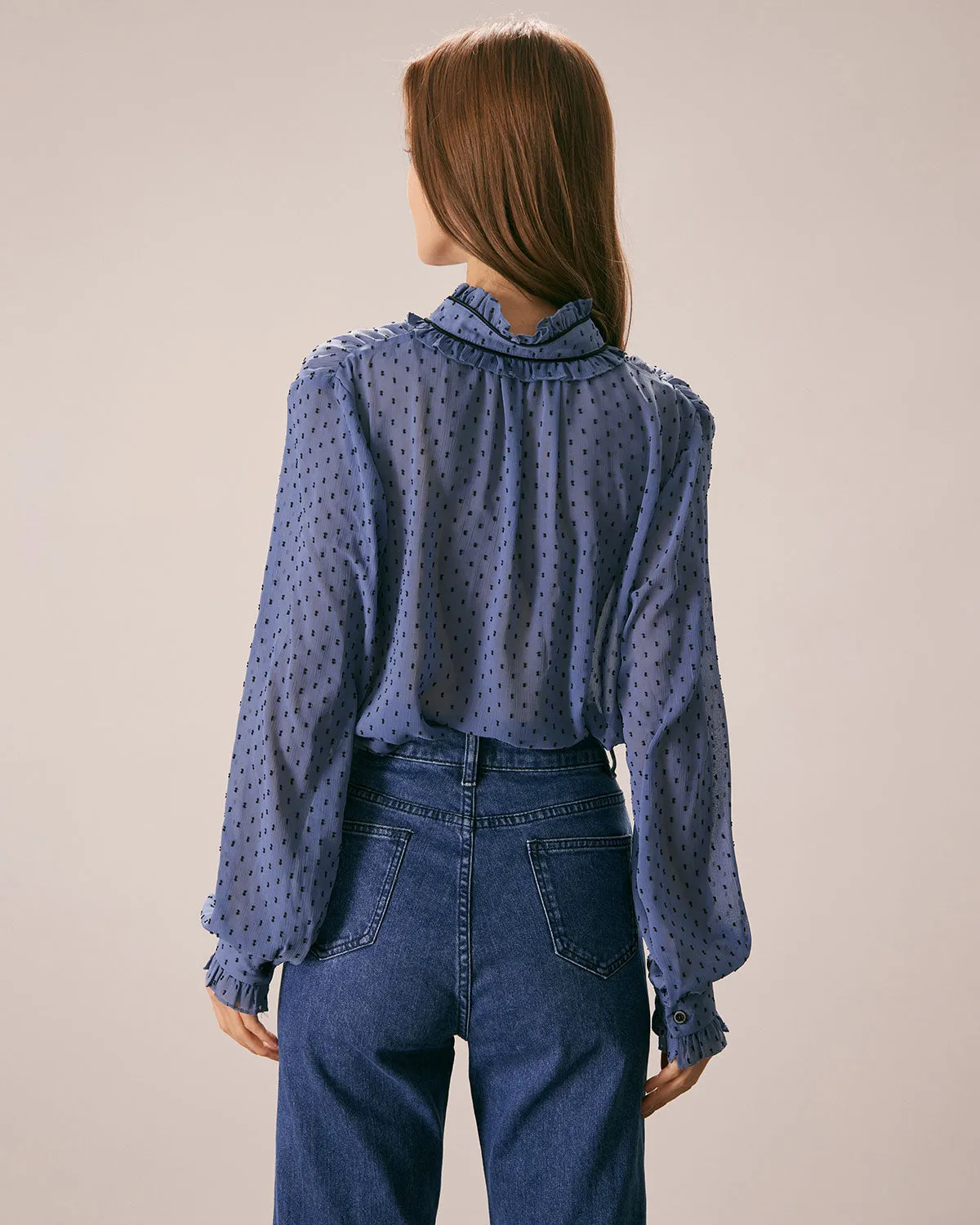 The Blue Mock Neck Dobby Mesh Blouse sold by rihoas product image thumbnail 4