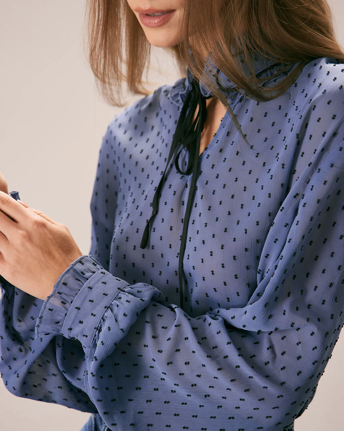 The Blue Mock Neck Dobby Mesh Blouse sold by rihoas product image thumbnail 3