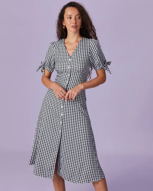 The Black V Neck Plaid Button Midi Dress sold by rihoas