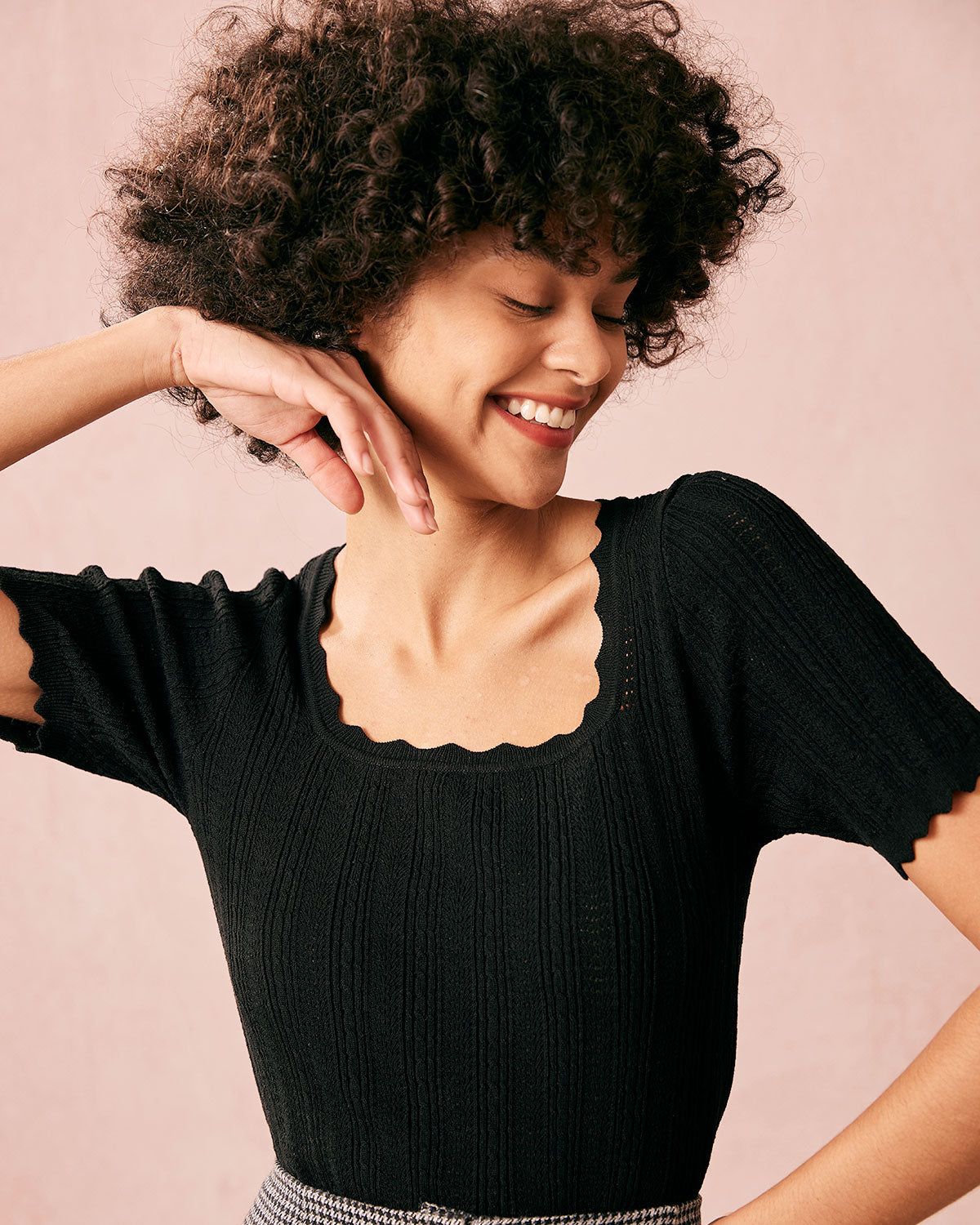 The Black Square Neck Scalloped Knit Top sold by rihoas