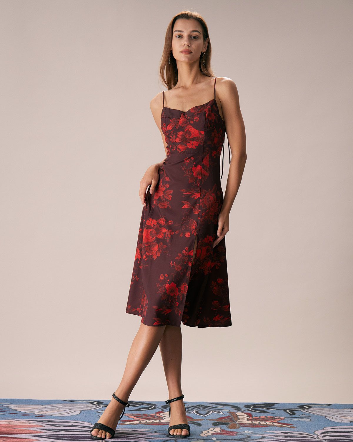 The Wine Red Floral Split Hem Midi Dress sold by rihoas product image thumbnail 3