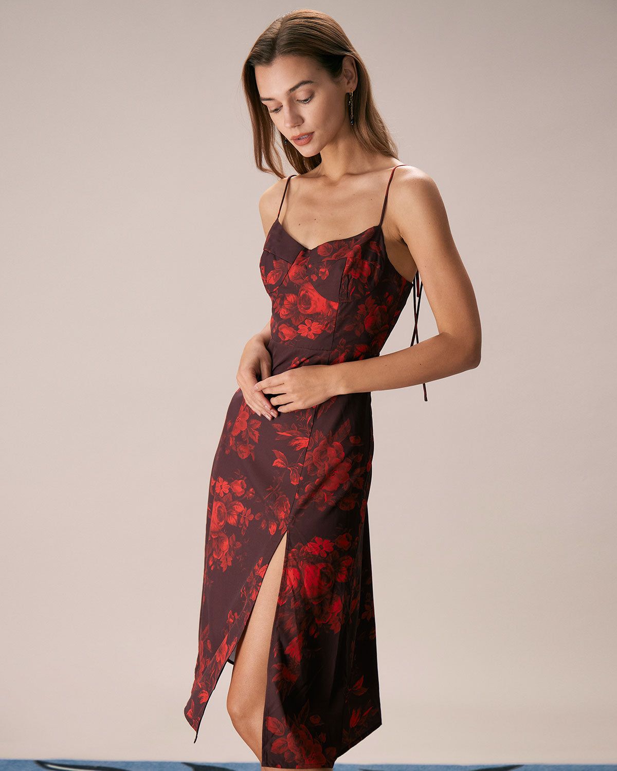 The Wine Red Floral Split Hem Midi Dress sold by rihoas product image thumbnail 4
