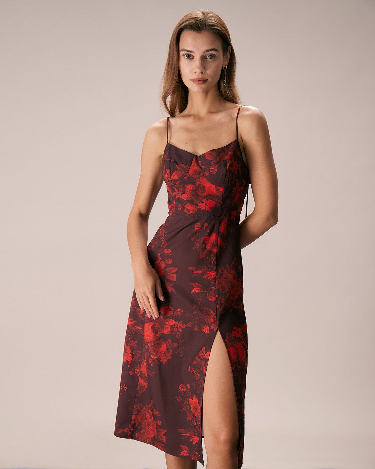 The Wine Red Floral Split Hem Midi Dress sold by rihoas