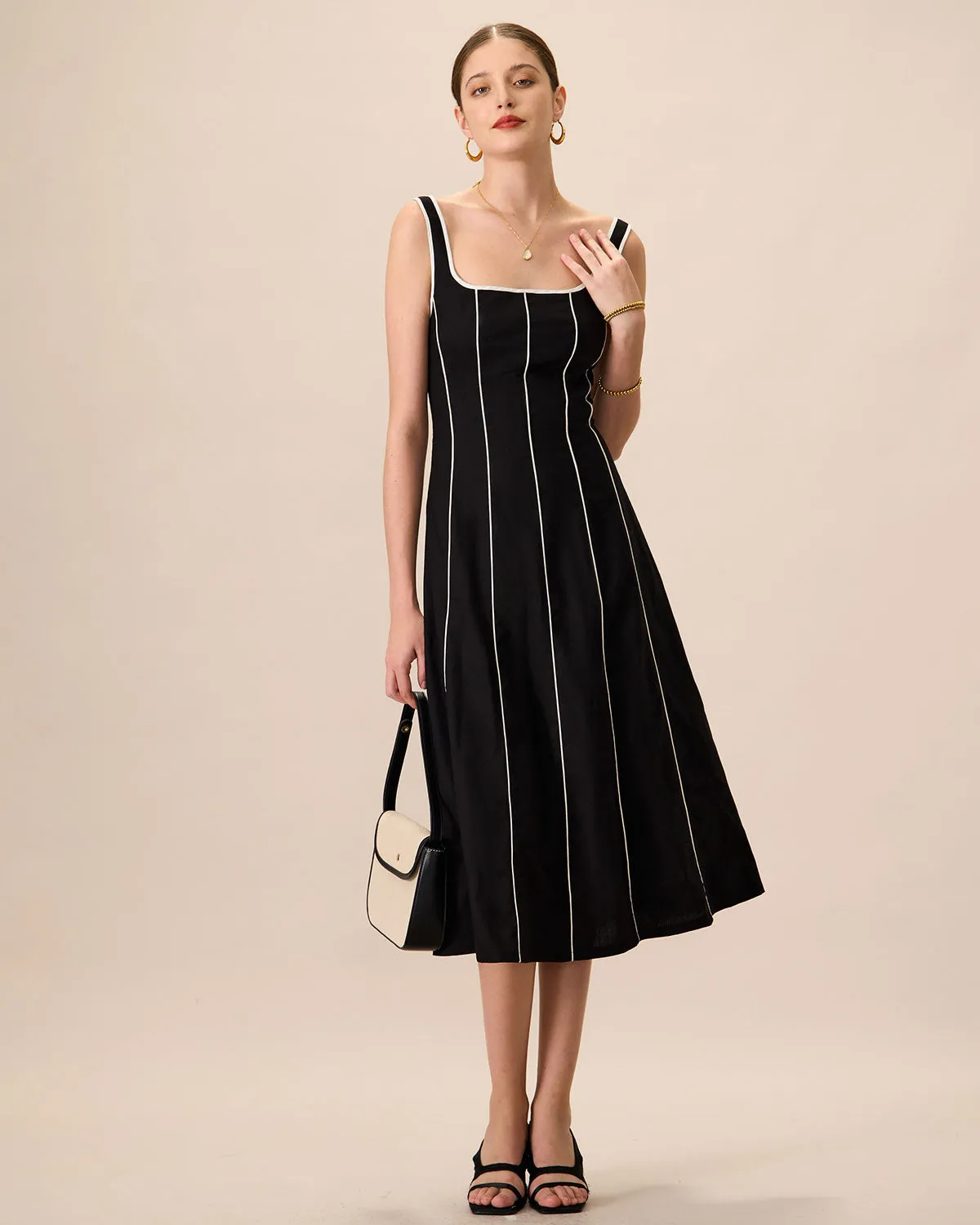 The Black Square Neck Contrast Midi Dress sold by rihoas product image thumbnail 3