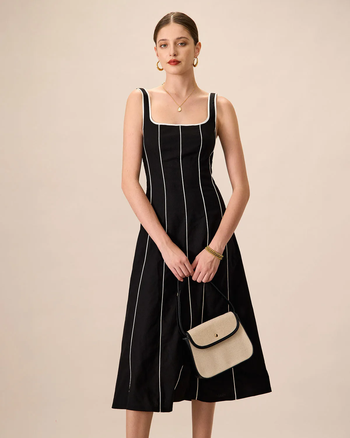 The Black Square Neck Contrast Midi Dress sold by rihoas