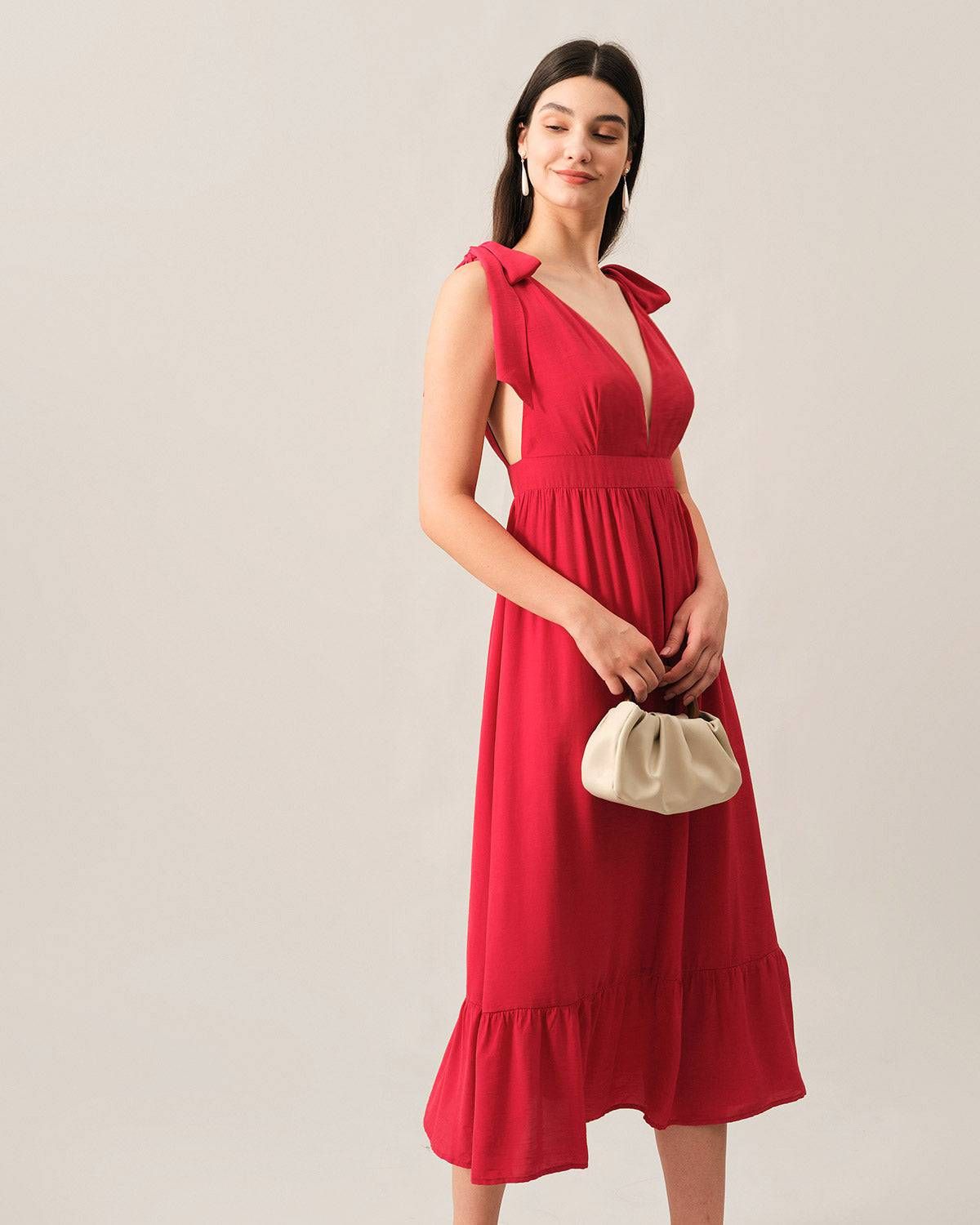The Tie Strap Deep V Neck Maxi Dress sold by rihoas