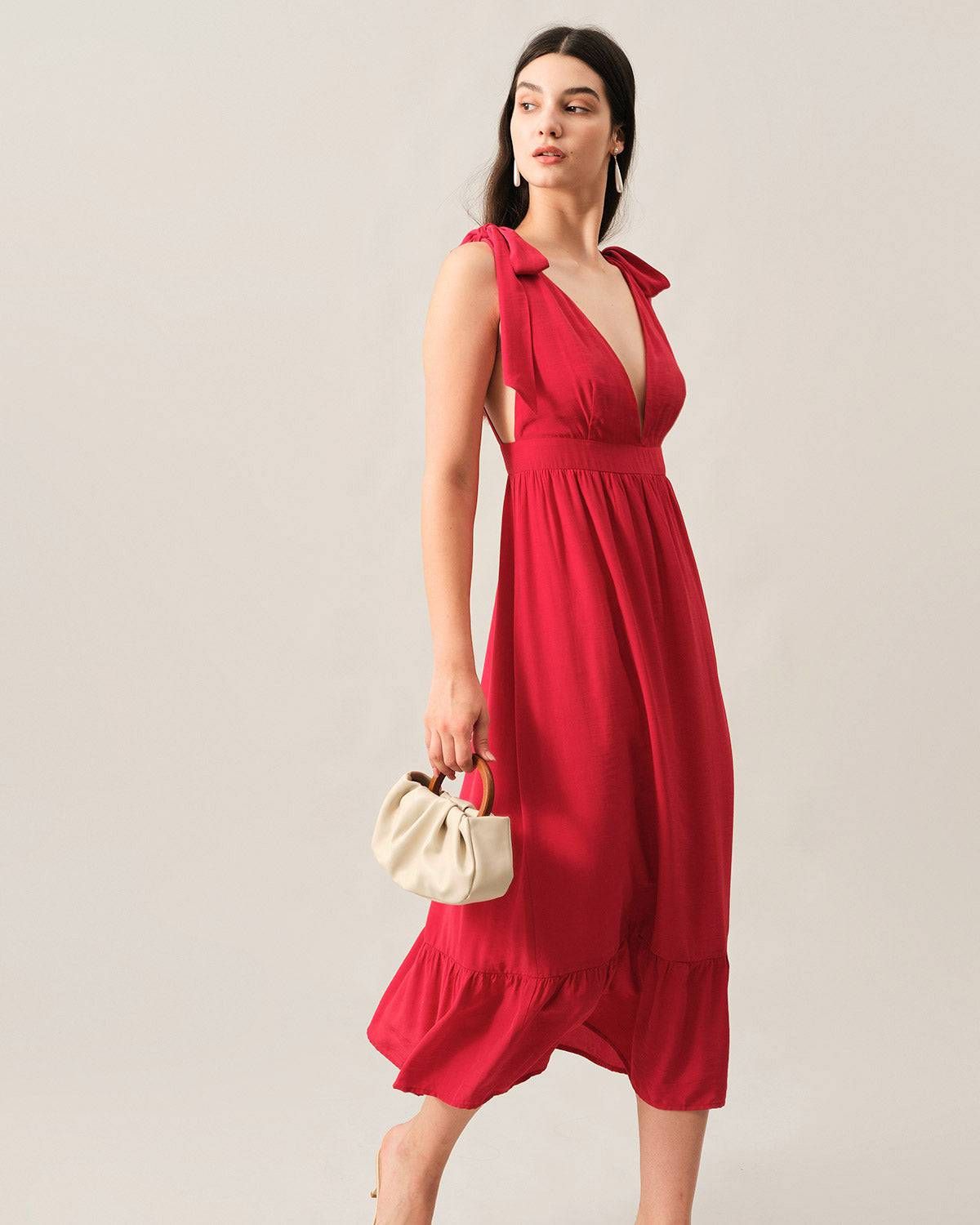 The Tie Strap Deep V Neck Maxi Dress sold by rihoas product image thumbnail 5