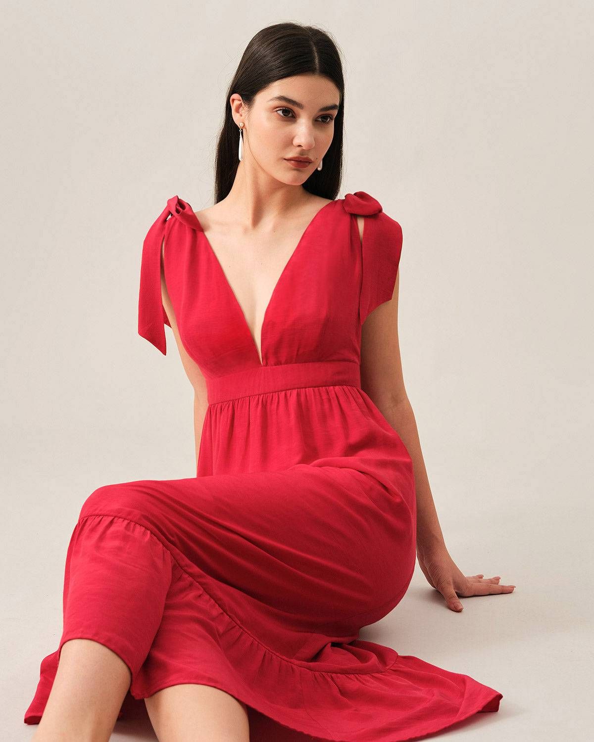 The Tie Strap Deep V Neck Maxi Dress sold by rihoas product image thumbnail 3
