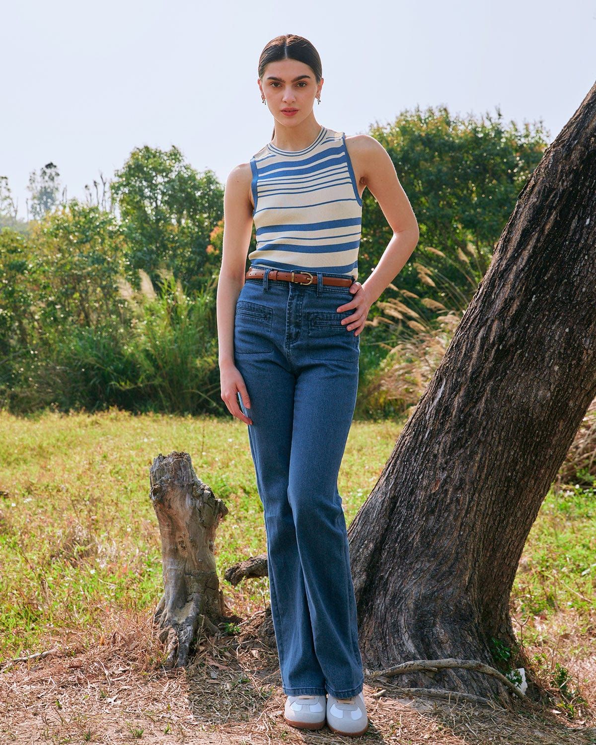 The Blue Striped Sleeveless Knit Tank Top sold by rihoas product image thumbnail 5