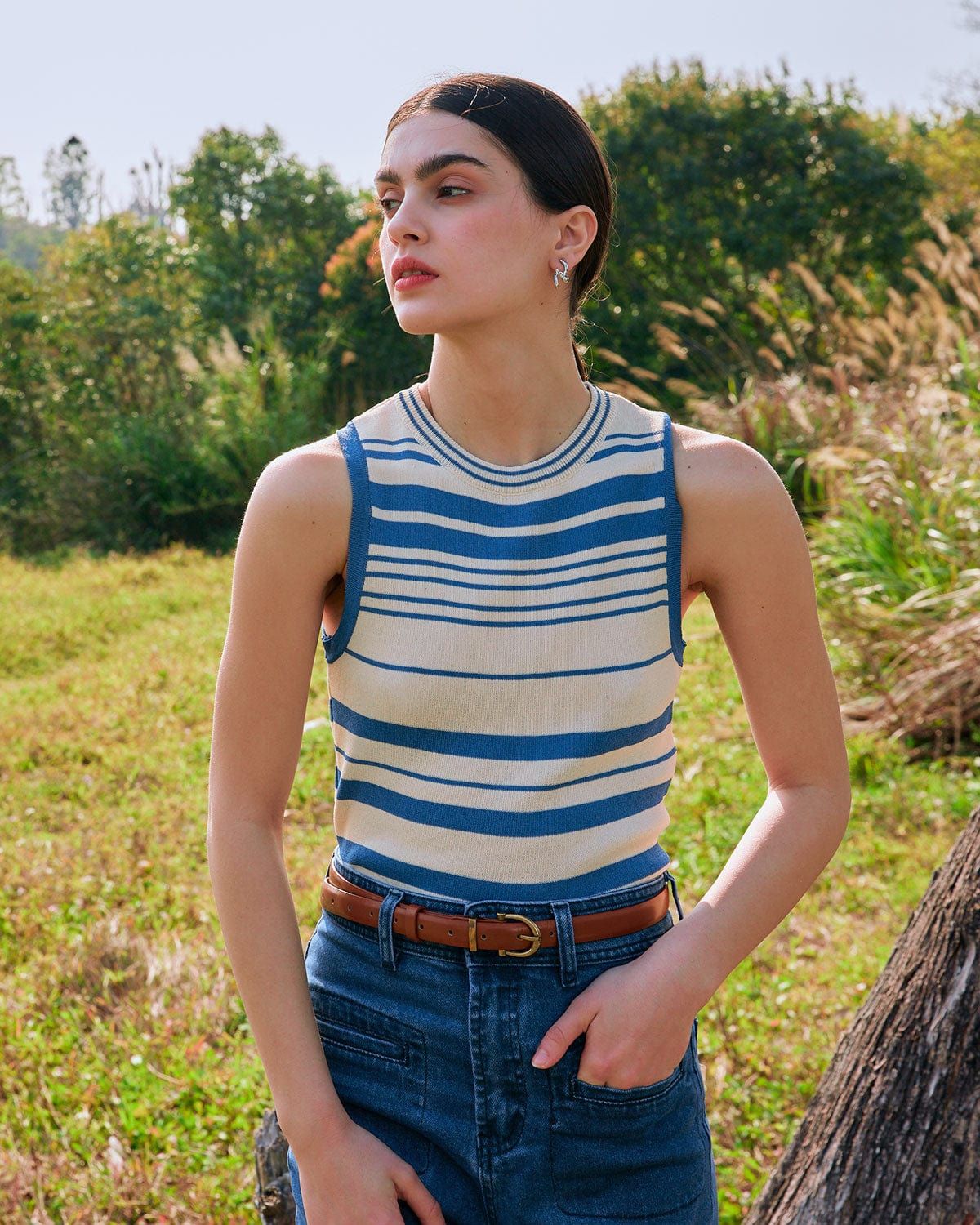 The Blue Striped Sleeveless Knit Tank Top sold by rihoas product image thumbnail 2