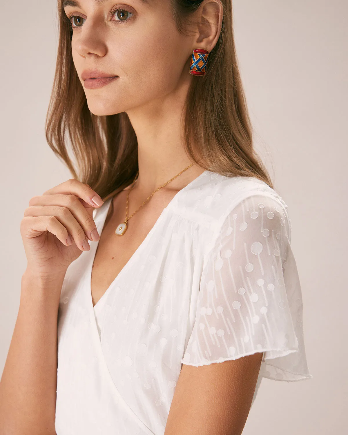 The White V Neck Dobby Mesh Midi Dress sold by rihoas product image thumbnail 3