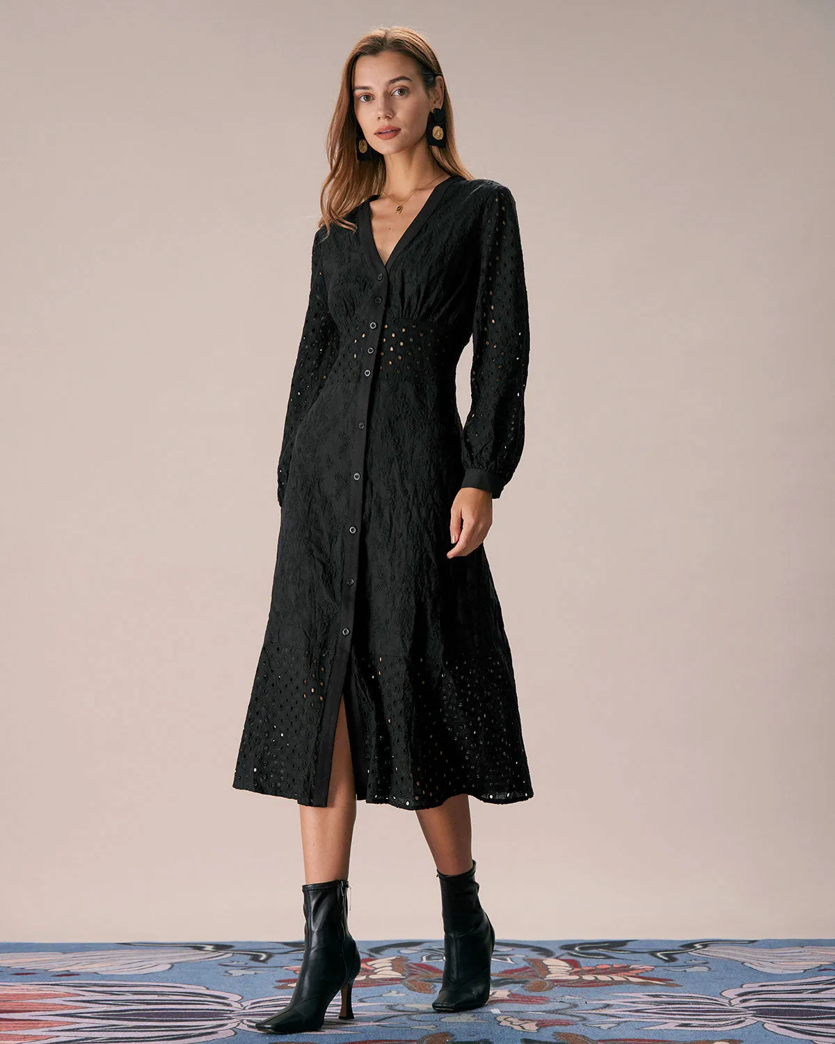 The Black V Neck Cutout Embroidery Midi Dress sold by rihoas product image thumbnail 4