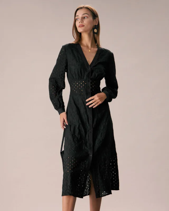 The Black V Neck Cutout Embroidery Midi Dress sold by rihoas