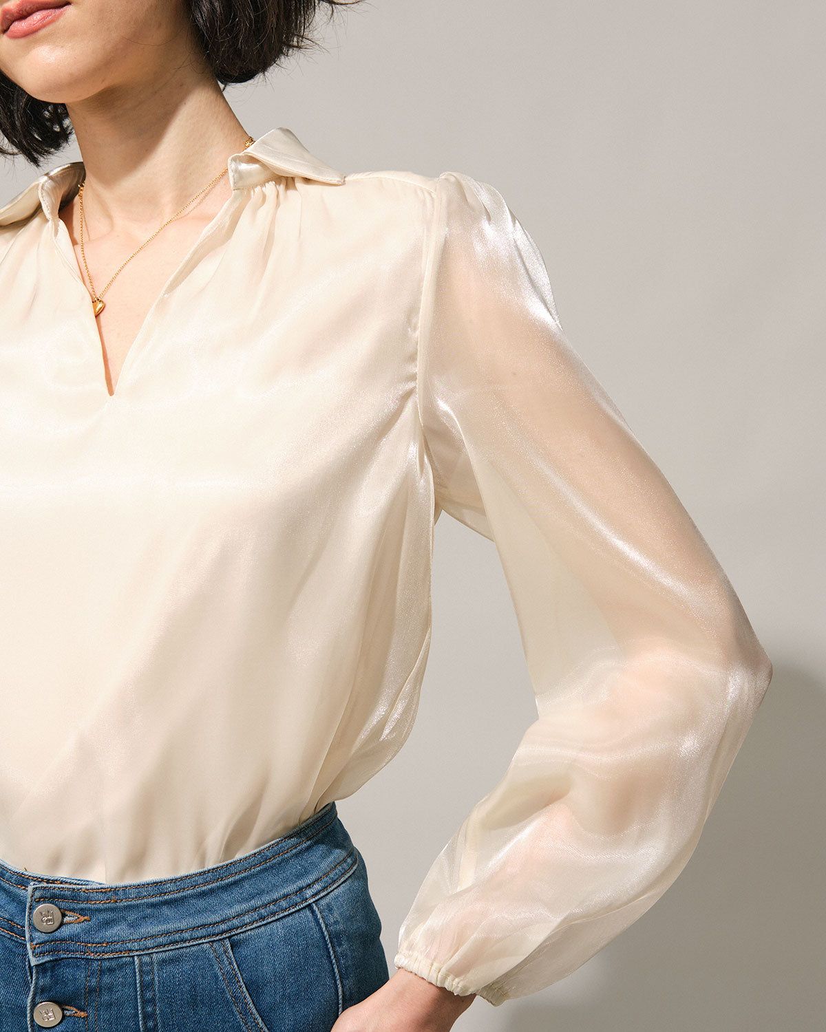 The Beige Collared Sheer Sleeve Blouse sold by rihoas product image thumbnail 3