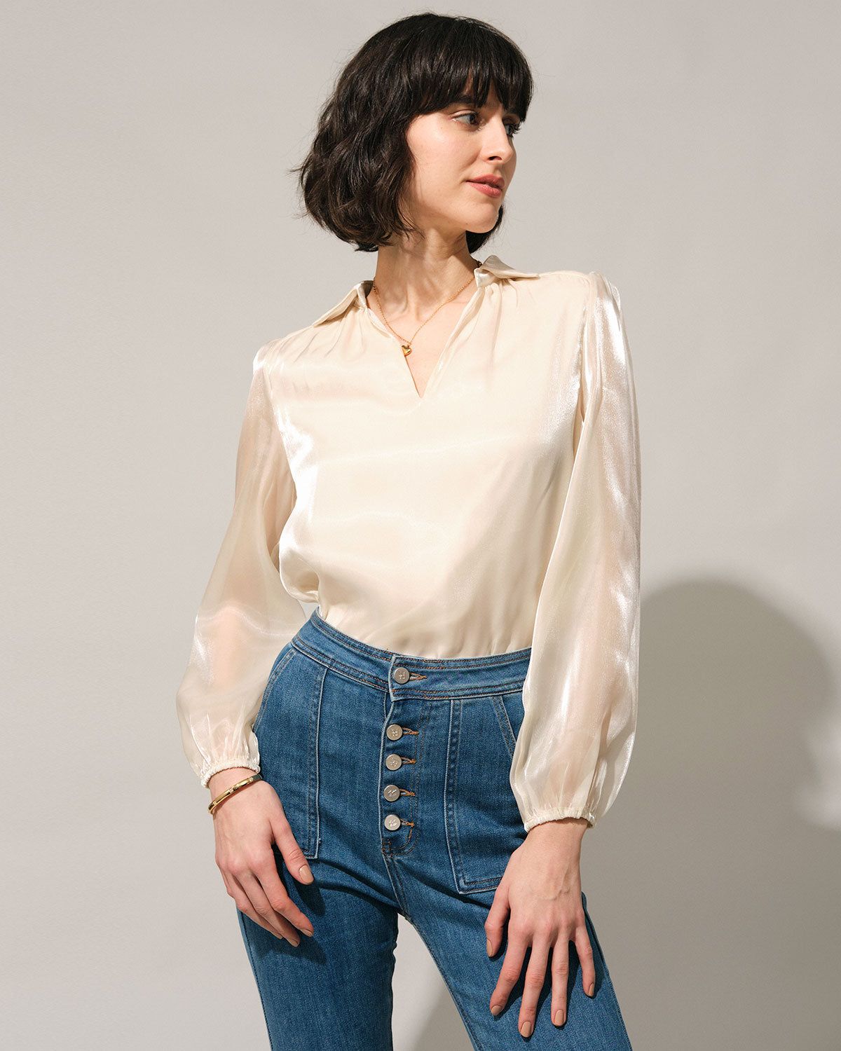 The Beige Collared Sheer Sleeve Blouse sold by rihoas product image thumbnail 4