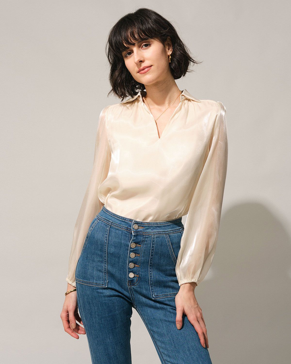 The Beige Collared Sheer Sleeve Blouse sold by rihoas