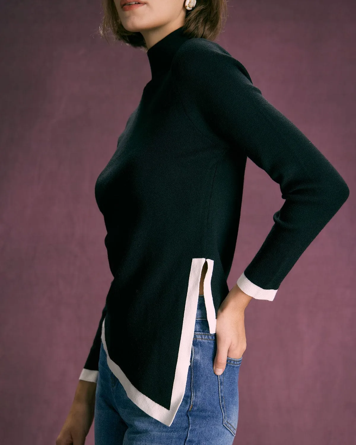 The Black High Neck Irregular Hem Knit Top sold by rihoas product image thumbnail 4