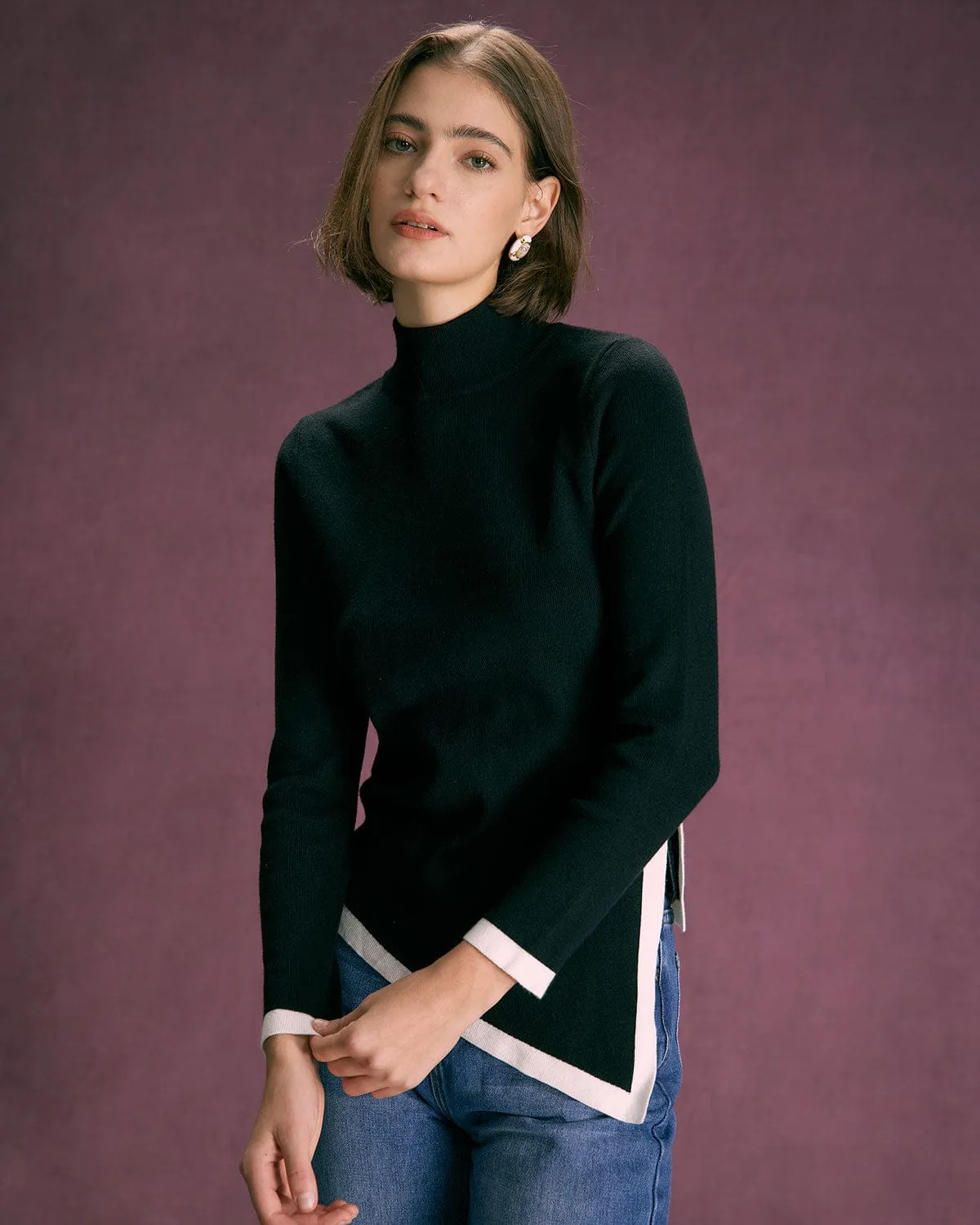 The Black High Neck Irregular Hem Knit Top sold by rihoas product image thumbnail 2