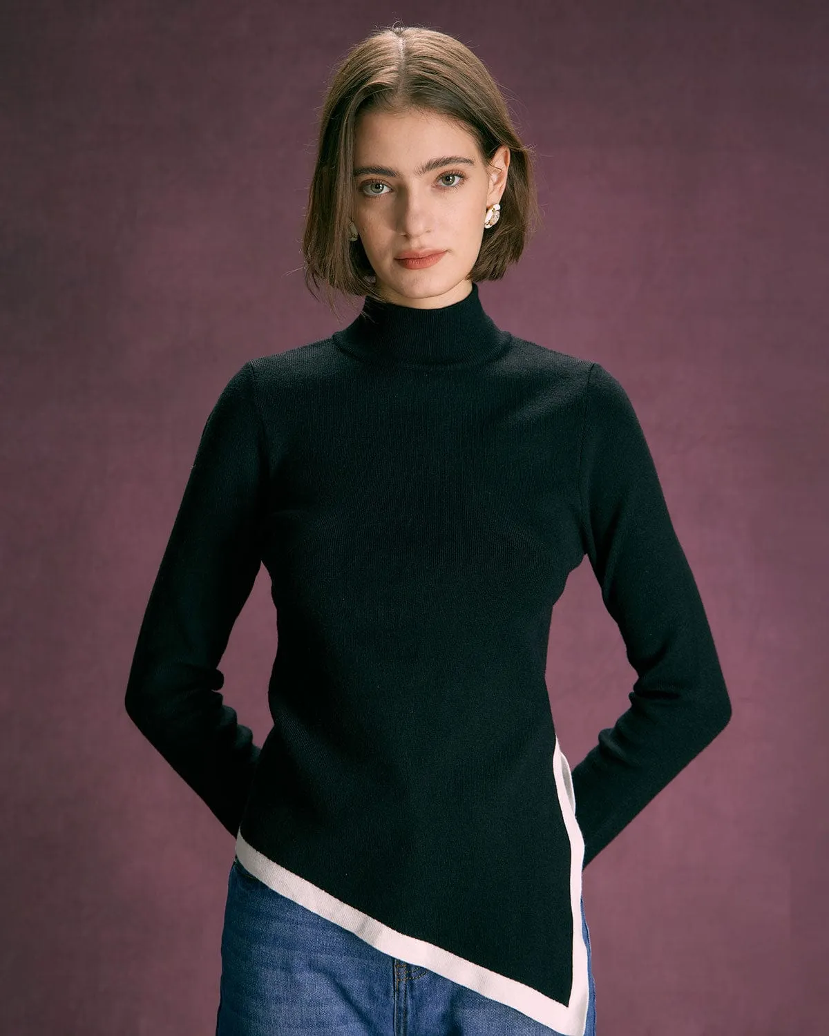 The Black High Neck Irregular Hem Knit Top sold by rihoas