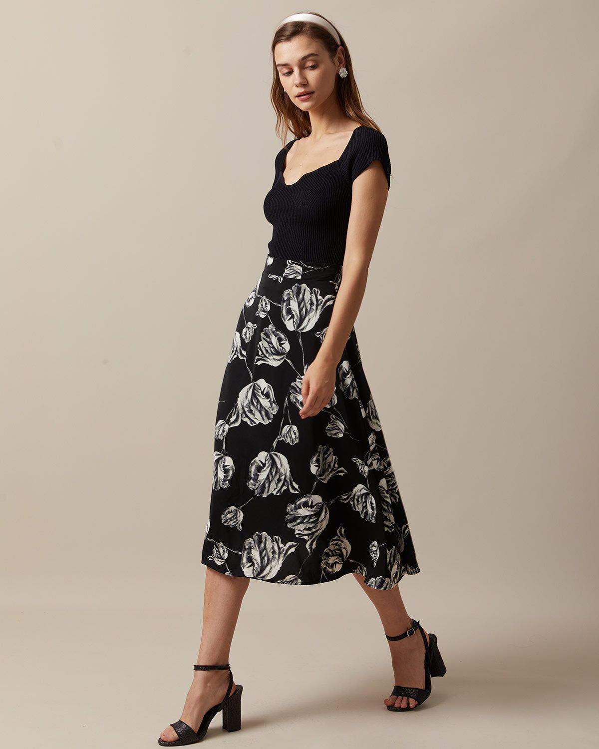 The Black High Waisted Floral Midi Skirt sold by rihoas product image thumbnail 3