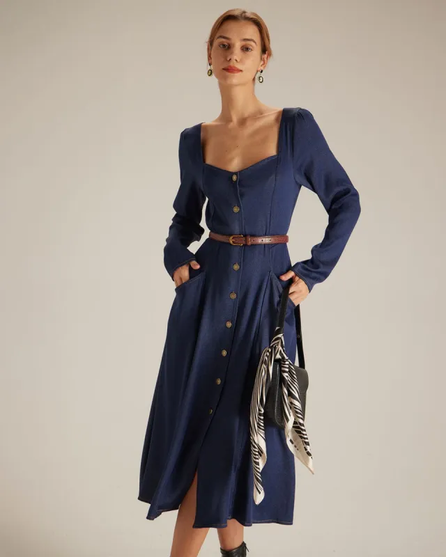 The Navy Sweetheart Neck Button Midi Dress sold by rihoas
