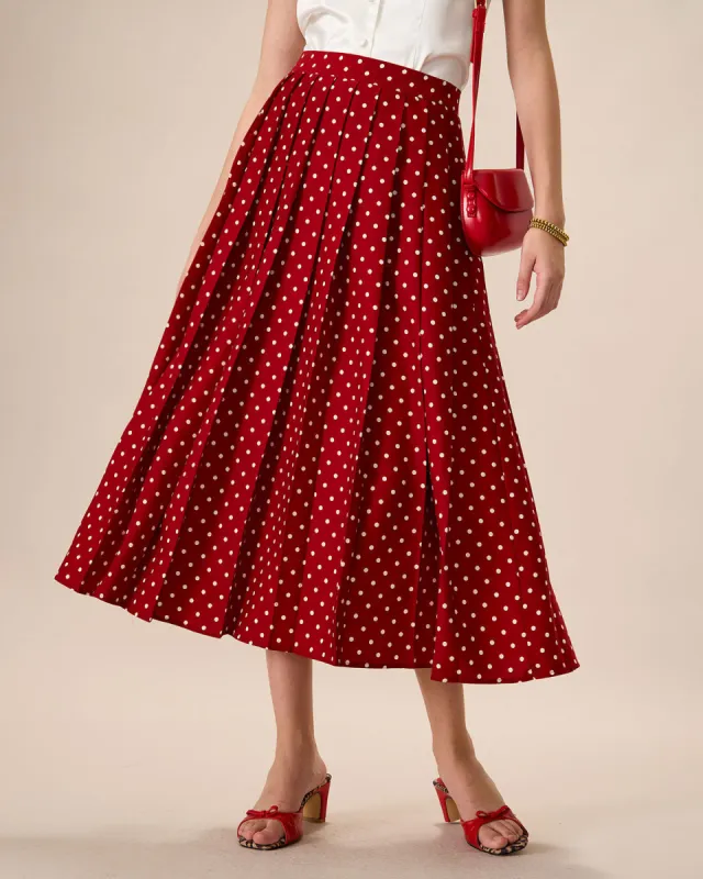 Women's Red High-Waisted Polka Dot Midi Skirt sold by rihoas