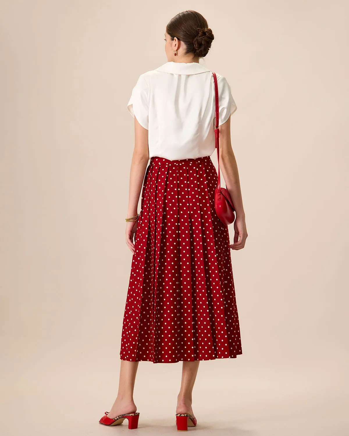Women's Red High-Waisted Polka Dot Midi Skirt sold by rihoas product image thumbnail 4
