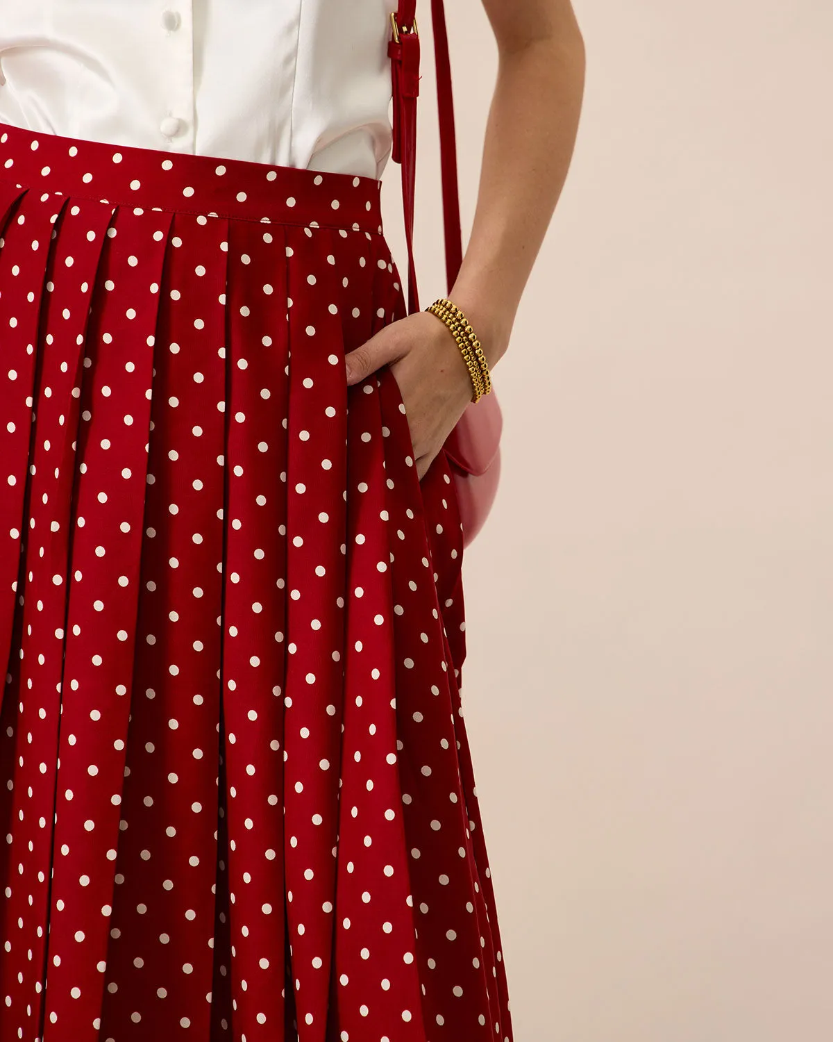Women's Red High-Waisted Polka Dot Midi Skirt sold by rihoas product image thumbnail 2