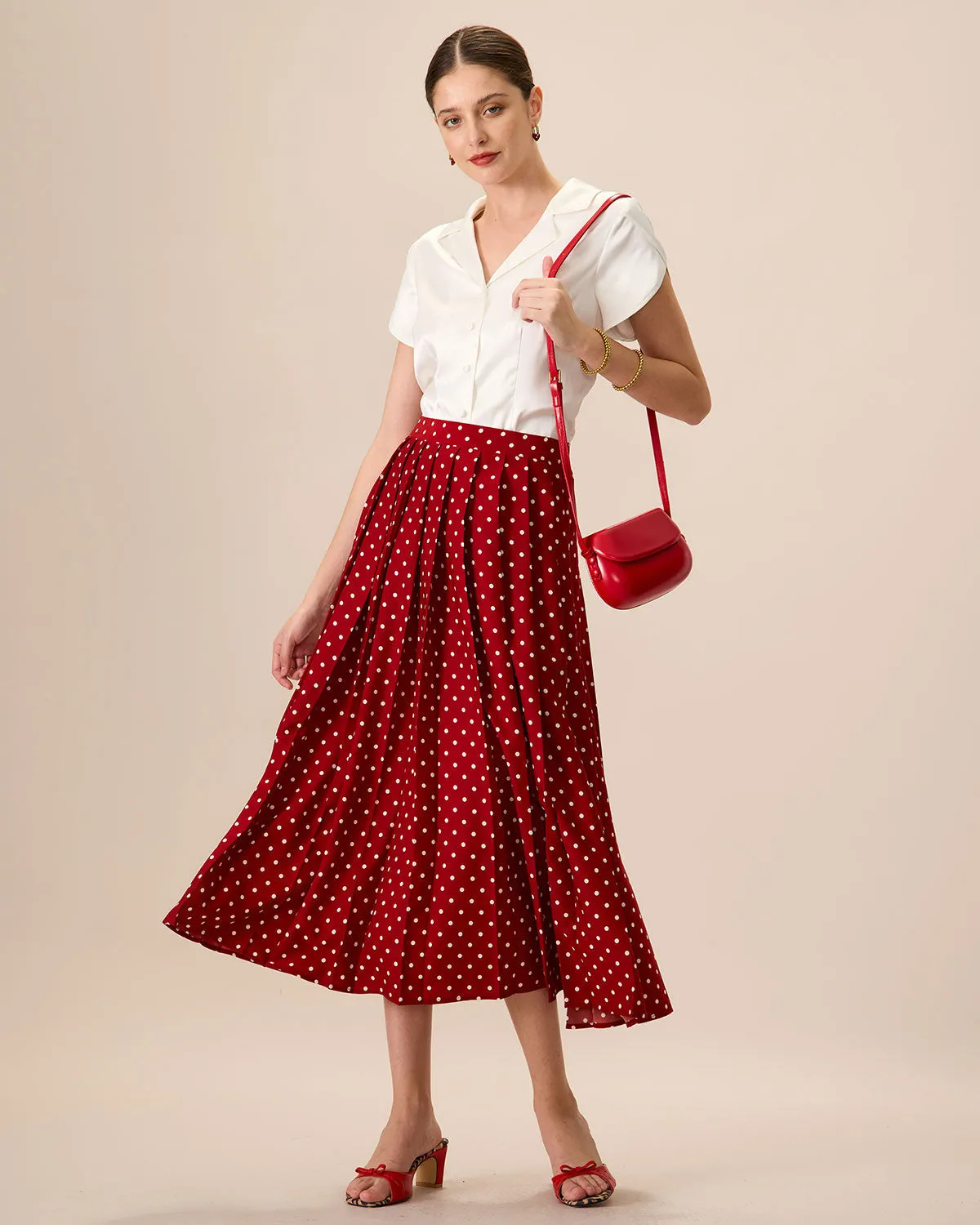 Women's Red High-Waisted Polka Dot Midi Skirt sold by rihoas product image thumbnail 3