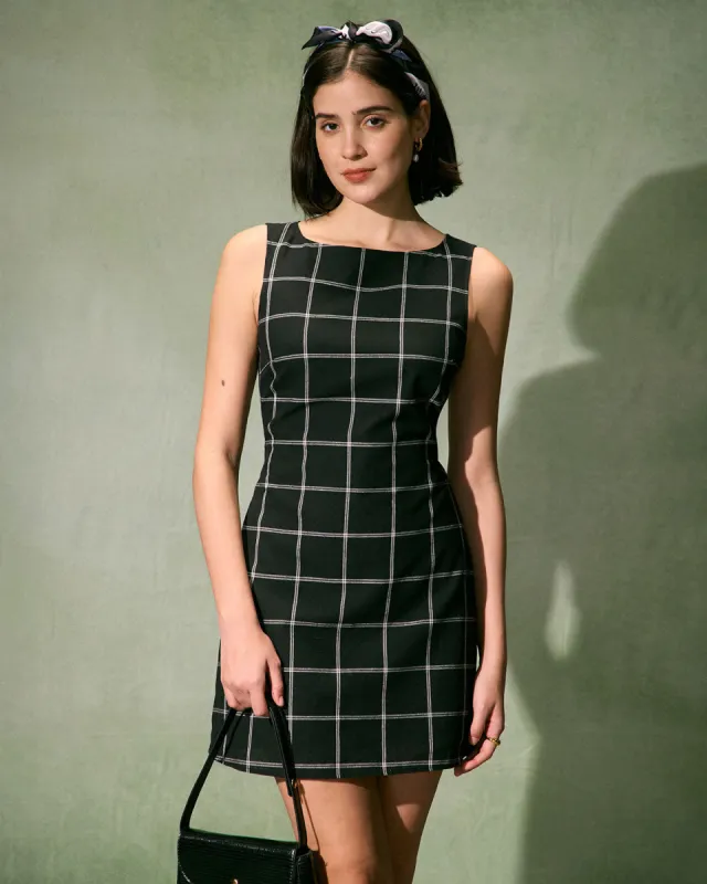 The Black Boat Neck Cotton Linen Plaid Mini Dress sold by rihoas