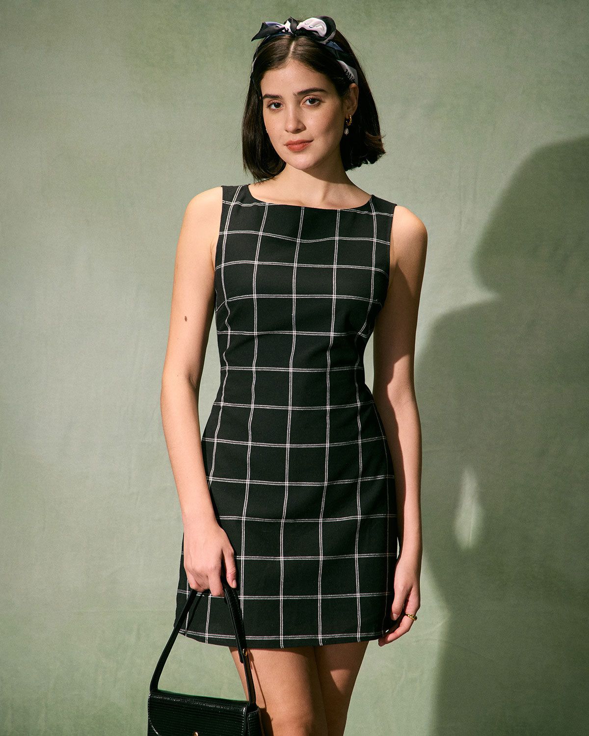 The Black Boat Neck Sleeveless Plaid Mini Dress sold by rihoas