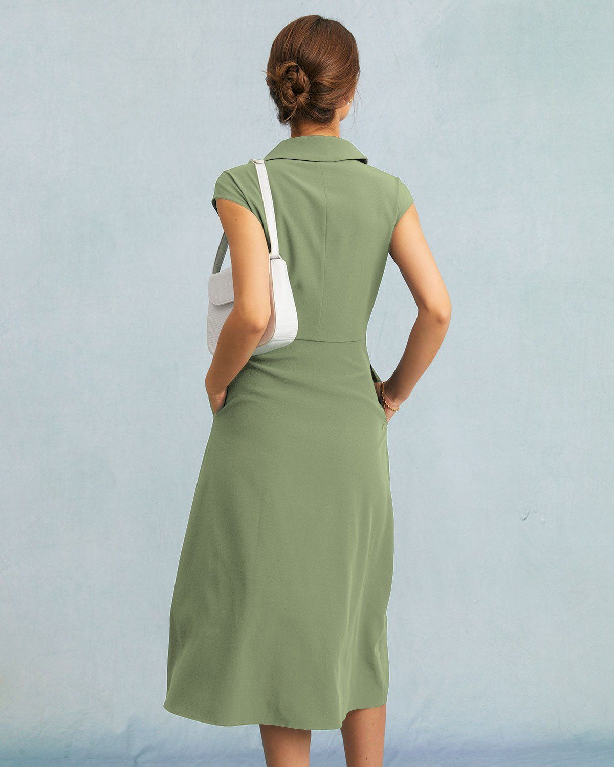 The Green V Neck Button Cap Sleeve Midi Dress sold by rihoas product image thumbnail 4