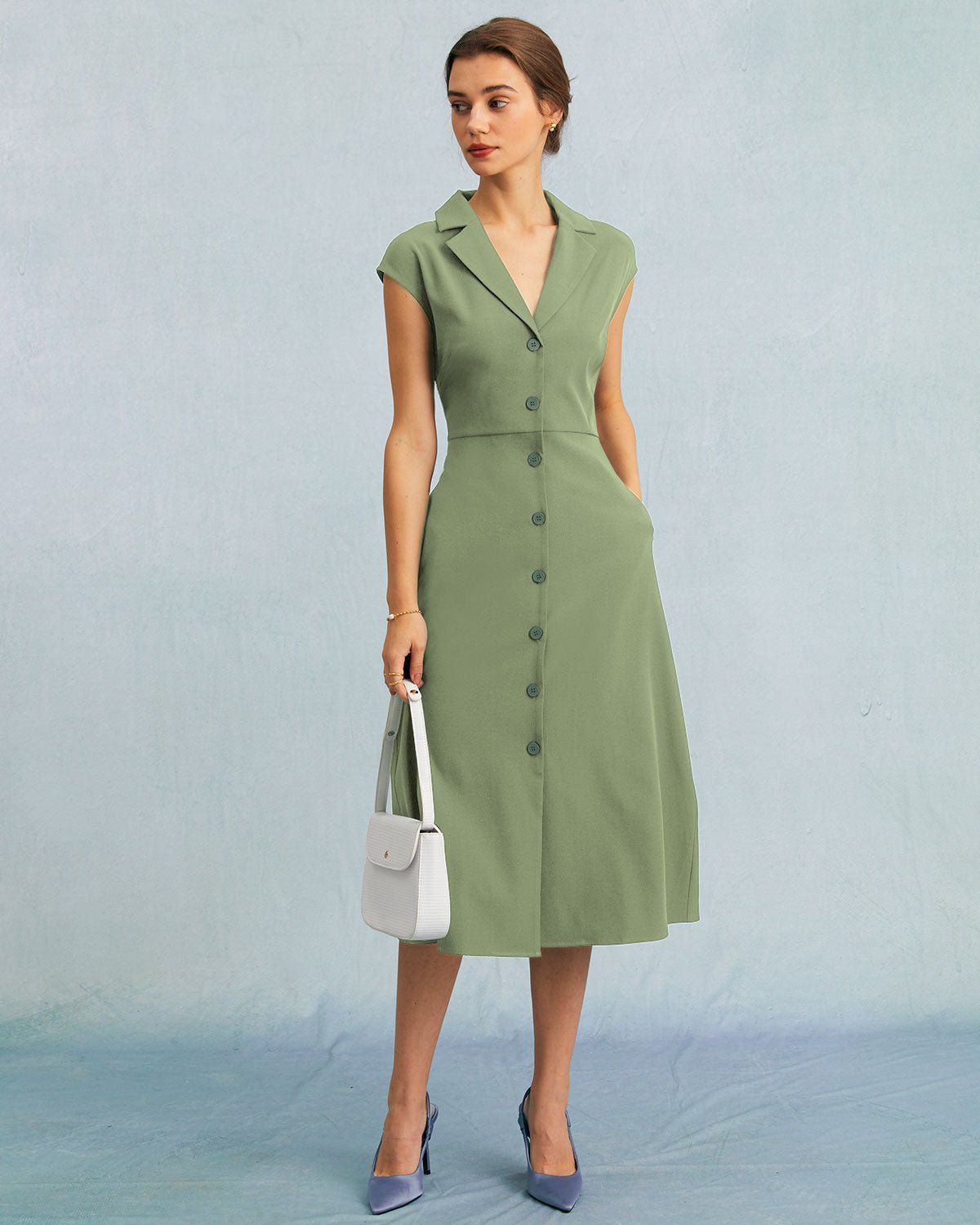 The Green V Neck Button Cap Sleeve Midi Dress sold by rihoas product image thumbnail 2