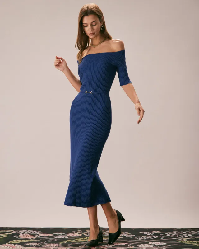 The Navy Off The Shoulder Sweater Midi Dress sold by rihoas