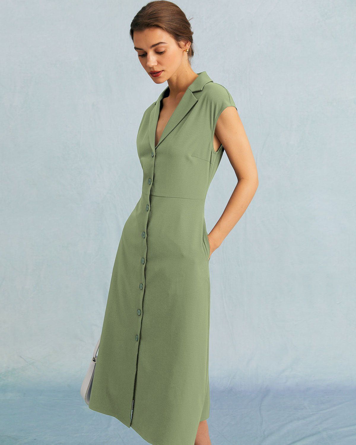 The Green V Neck Button Cap Sleeve Midi Dress sold by rihoas product image thumbnail 3