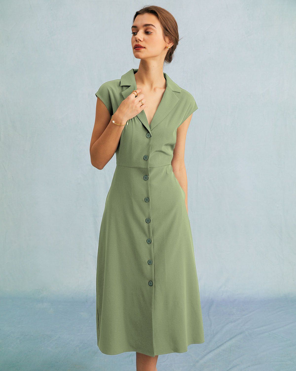 The Green V Neck Button Cap Sleeve Midi Dress sold by rihoas